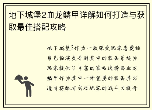 地下城堡2血龙鳞甲详解如何打造与获取最佳搭配攻略